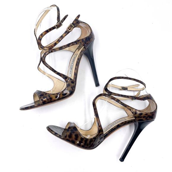Jimmy Choo Lance Sandals Leopard Strappy Heels Brown Stiletto‎ Sz 39.5 / 9.5 - Picture 6 of 9